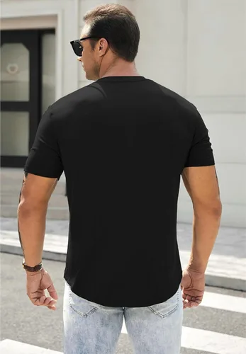 Vista 2 de JMIERR Camisas musculares ajustadas Henley con cuello redondo para hombre, camiseta larga para gimnasio, entrenamiento, atlética, con botón