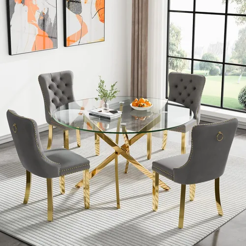 Vista 36 de Juego de mesa de comedor SSLine moderno de 3 piezas con mesa redonda de vidrio para 2, lujosa mesa de comedor circular de 36" con tapa de vidrio
