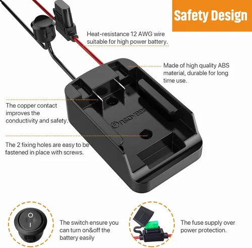 Vista 6 de Adaptador de rueda eléctrica con fusible e interruptor, adaptador de batería seguro para batería de litio de 20 V MAX, con cable de calibre 12, buen