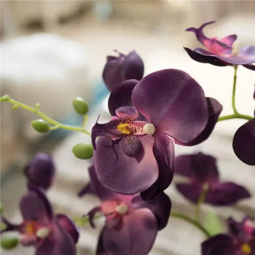 Vista 5 de Planta de orquídea artificial grande en maceta, arreglo floral de seda con jarrón de cerámica, morado oscuro