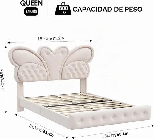 Vista 2 de Keyluv Marco de cama Queen con cabecera tapizada con patrón de mariposa, cama flotante moderna con luces LED, botones tapizados en cabecera y Beige