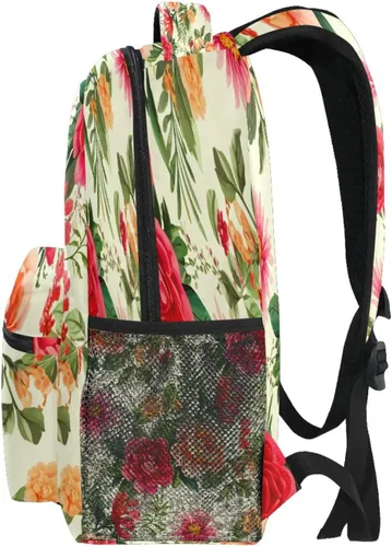 Vista 4 de Mochila escolar floral vintage, bolsa atlética para laptop para estudiantes, mochila con bolsillos laterales para viajes, senderismo, campamento