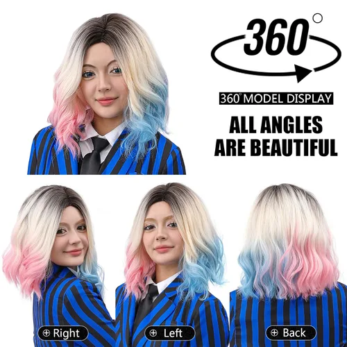 Vista 5 de Peluca ondulada corta rosa y azul para disfraz de Halloween para mujer