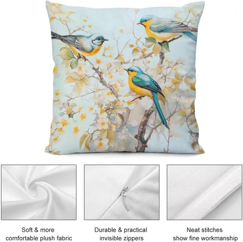 Vista 5 de Fundas de almohada decorativas de terciopelo de doble cara de 18 x 18 pulgadas, diseño de ramas de pájaros, para dormitorio, sala de estar