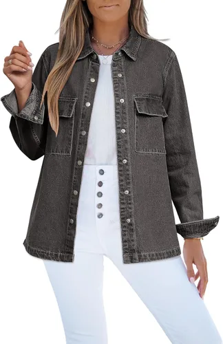Vista 11 de Luvamia - Chaquetas de mezclilla para mujer 2025, moda de otoño, chaqueta de gran tamaño, abotonada, de mezclilla, chaqueta estilo western con azul