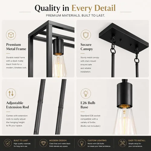 Vista 4 de Iluminación negra para isla de cocina, moderna lámpara rectangular de jaula lineal, 3 luces, lámpara colgante de metal industrial para granja