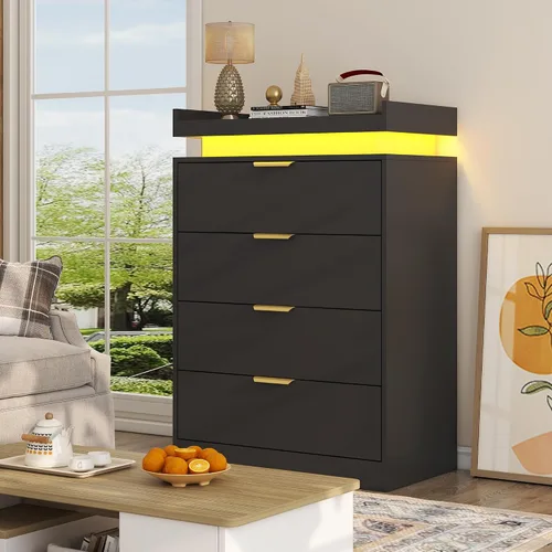 Vista 6 de UNIQUITE Cómoda negra con luces LED y toma de corriente, cómoda alta de madera con 4 cajones para dormitorio, cómoda moderna para dormitorio