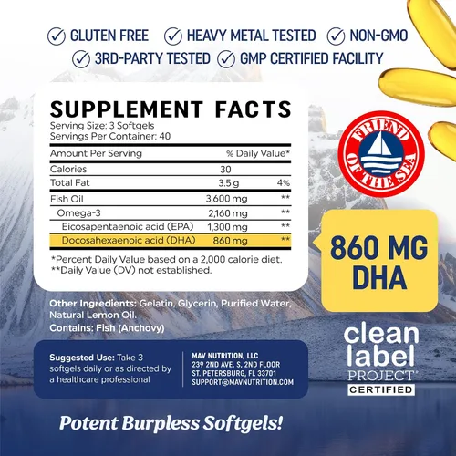 Vista 6 de Aceite de pescado DHA Omega 3 de triple fuerza 3600 mg Más de 2100 mg de ácidos grasos omega-3 con 860 mg de DHA 1300 mg EPA Los mejores