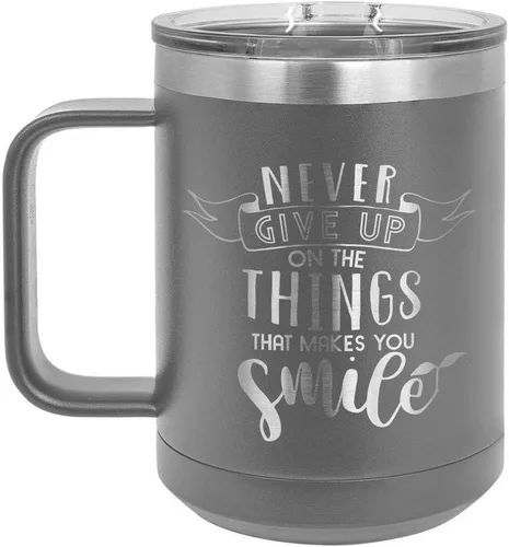 Vista 13 de Nunca renuncies a las cosas que hacen sonreír, taza de café negra de 15 oz con tapa superior deslizante, taza de café de viaje aislada, regalo