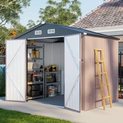 Vista 19 de Aoxun Cobertizo de almacenamiento de acero para jardín al aire libre de 6 x 4 pies con puerta con bloqueo impermeable y resistente a la oxidación