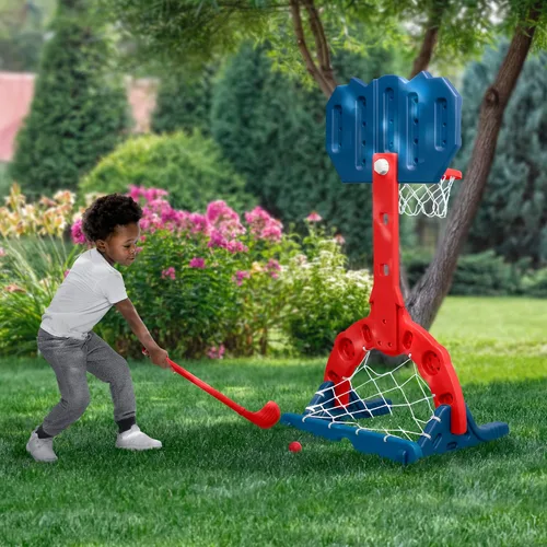 Vista 4 de Delta Children Marvel Spider Man Centro Deportivo 4 en 1 – Aro de Baloncesto Ajustable Easy Score, Red de Fútbol/Hockey y Juego de Golf, Rojo/Azul