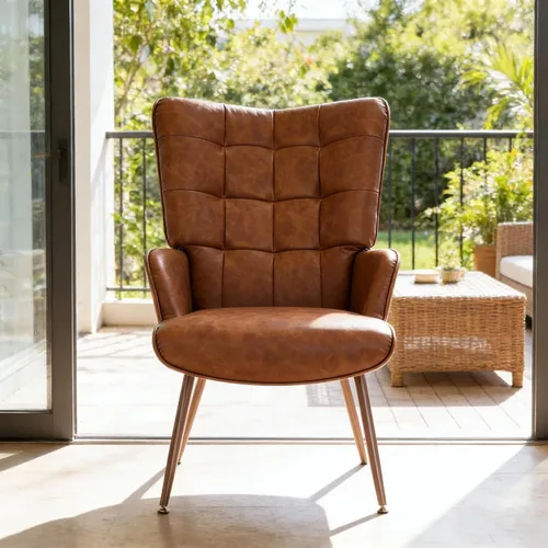 Vista 5 de Bafode Silla decorativa de piel sintética moderna de mediados de siglo con respaldo alto Cómodo sillón de lectura con rejilla con capacidad de 300