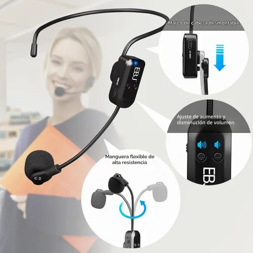 Vista 3 de EBJ Micrófono de auriculares inalámbricos 2.4G y micrófono de mano 2 en 1, transmisión estable de 98.4 ft, carga USB dual tipo C, compatible