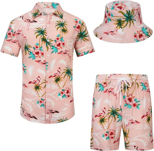 Vista 30 de EISHOPEER Conjunto hawaiano de flores para hombre, camisa de manga corta y pantalones cortos, trajes con sombreros de pescador