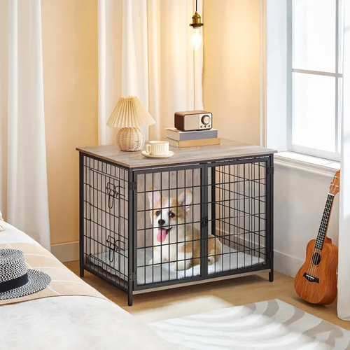 Vista 7 de MAHANCRIS Mueble de jaula para perros con cojín, perrera de madera para perros con puertas dobles, jaula resistente para perros pequeños, medianos