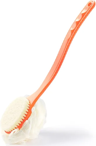 Vista 8 de Cepillo corporal de ducha con cerdas y esponja de esponja de malla, mango curvado Long Handle Bath Brush with Mesh Sponge for Skin