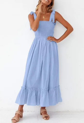 Vista 9 de ZESICA Women's 2023 Summer Boho Spaghetti Strap Square Neck Solid Color Ruffle A Line Beach Long Maxi Dress