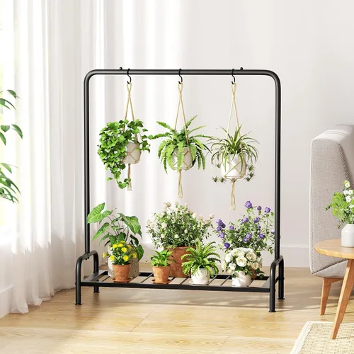 Vista 6 de Soporte para plantas al aire libre alto 40 pulgadas estante para plantas de patio Estante de plantas de metal con 3 ganchos