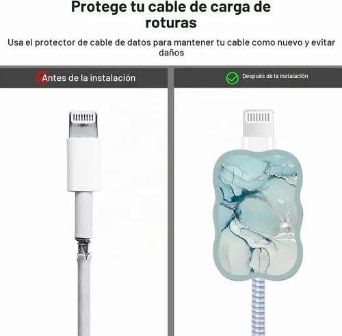 Vista 4 de Lindos protectores de cable para cargador de iPhone, diseño de mármol lujoso, cable de datos, cargador USB, línea de datos, protector de cable