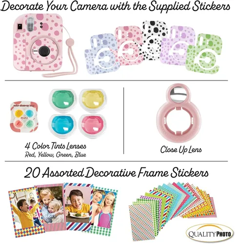 Vista 6 de Fujifilm Cámara instantánea Instax Mini 12 con funda, 20 impresiones de Fujifilm (rosa flor), calcomanías decorativas, marcos, álbum de fotos y más