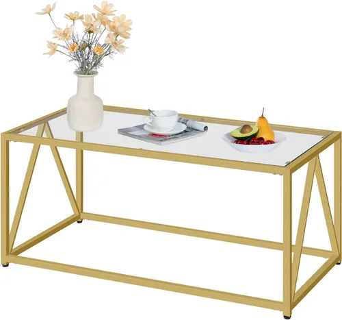 Vista 6 de Mesa de Café de Vidrio HOOBRO, Mesas de Café Doradas para Sala de Estar, Mesa de Café de Vidrio Dorada, Mesa Central de 1 Capa, Moderna, para Dorado