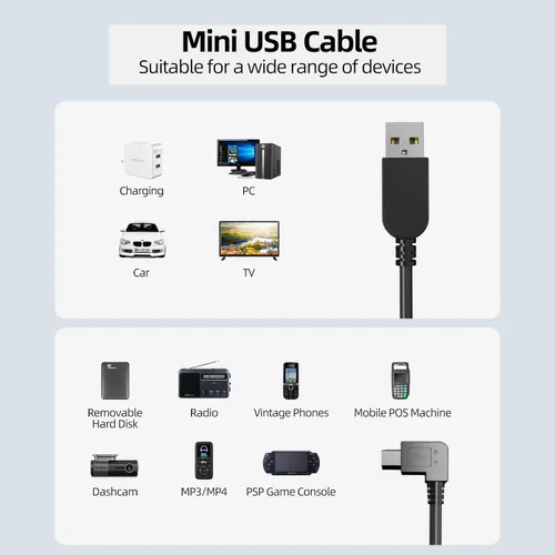 Vista 3 de Eanetf Cable mini USB, 90 grados USB 2.0 A a Mini B USB, ángulo recto USB 2.0 A-macho a Mini-B, cable de cargador de alimentación para GPS coche