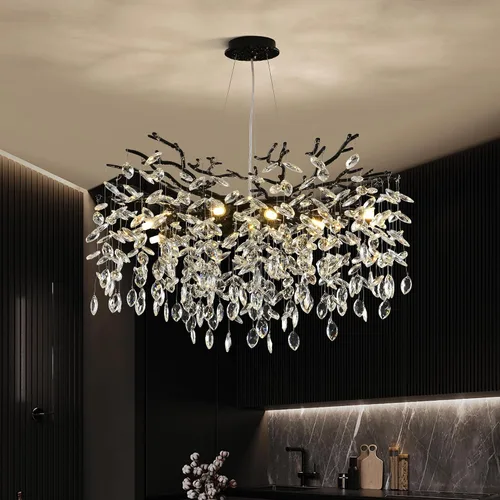 Vista 12 de Candelabro rectangular con ramas de árbol de cristal, L40 pulgadas, Mpdern de lujo cromado lineal Art Deco con forma de gota de lluvia para cocina