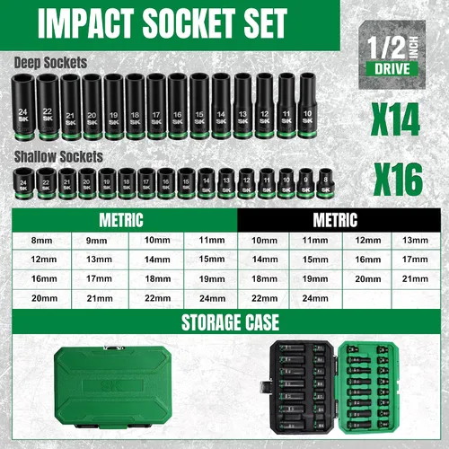 Vista 3 de SK Juego de dados de impacto de 1/2", 30 piezas de enchufes métricos, acero CR-MO