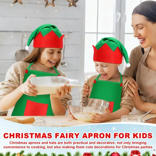 Vista 5 de Handepo - Conjunto de delantal y gorro de elfo navideño para niños, sombreros de Papá Noel para niños, suministros de fiesta navideña para niños