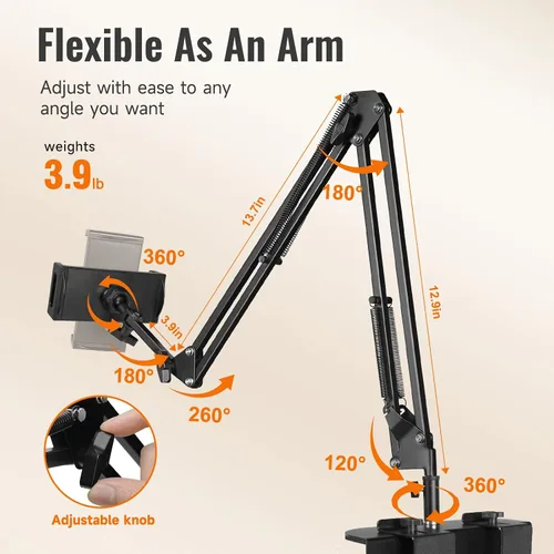 Vista 4 de Soporte de teléfono para cama y Kindle para cama, soporte para teléfono celular, soporte ajustable de metal giratorio de 360° para iPad Pro Air