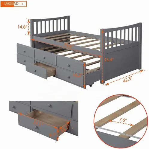 Vista 2 de Cama doble capitán con nido y cajones para niños, adolescentes y adultos, gris