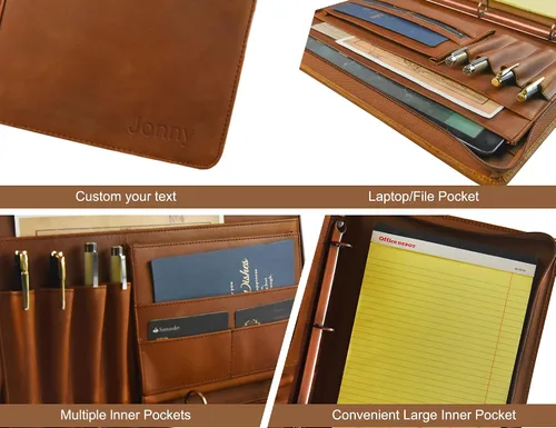 Vista 8 de Portafolio Personalizado de Cuero con Nombre Grabado, Organizador de Negocios Profesional con Cremallera para Hombres, Carpeta de Anillas
