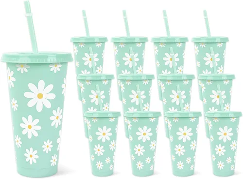 Vista 8 de JarThenaAMCS 12 piezas de vasos de plástico patrióticos con tapa con pajita 4 de julio, vaso para bebidas frías con bandera americana roja, azul
