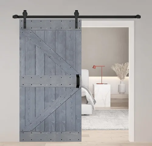 Vista 16 de Serie K. Puerta corredera de granero de madera maciza acabada con kit de herrajes (marrón/nogal, 24 x 84 pulgadas)