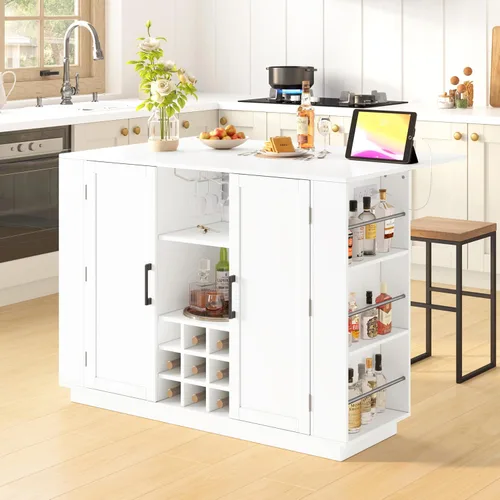 Vista 10 de 47.2" Multifunctional Kitchen Island with Drop Leaf & Power Outlet – Wine Bar with Bottle Rack, Coffee Station, 2-Door Storage & Adjustable Shelves