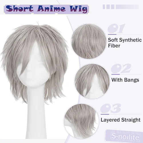 Vista 3 de Pelucas de pelo sintético lacio, corto y esponjoso. Para fiestas de cosplay, anime peluca con pelo despeinado y puntiagudo, para hombre y mujer