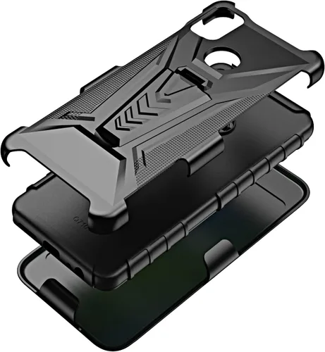 Vista 7 de Funda para Cricket Icon 4 con clip para cinturón de funda híbrida a prueba de golpes con soporte y pantalla de vidrio templado (negro)