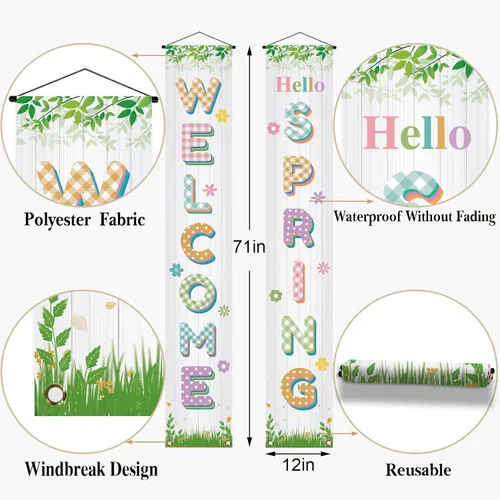 Vista 3 de Letrero colgante con texto en inglés «Hello Welcome Spring Happy Easter» para porche, puerta delantera, decoración interior y exterior