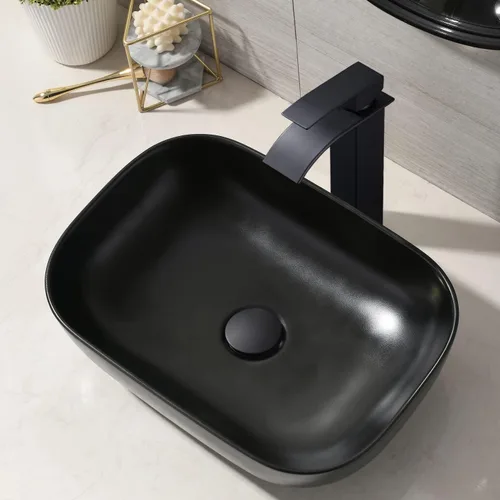 Vista 3 de Fregadero de Recipiente Negro Rectangular, 45,7x33 cm Encimera de Cerámica de Porcelana para Baño con Combo de Grifo y Drenaje