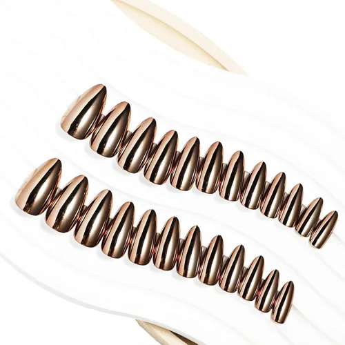 Vista 2 de Uñas postizas a presión cromadas de bronce y almendra mediana, uñas postizas de aguja con diseño brillante, uñas postizas acrílicas de metal