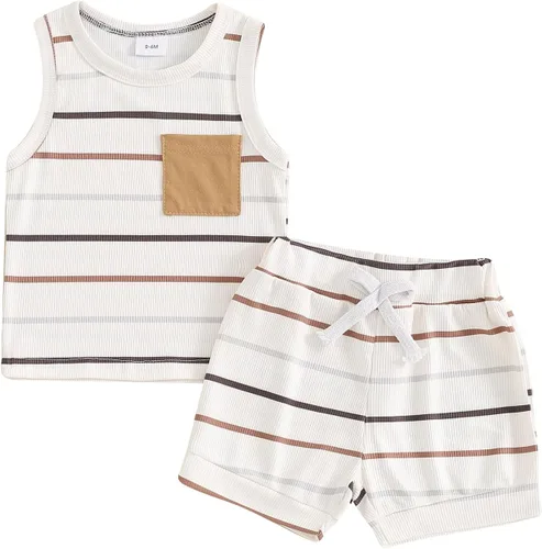 Vista 71 de Ropa de bebé niño sin mangas + pantalones cortos con estampado a rayas con bolsillos, 2 piezas de trajes de verano