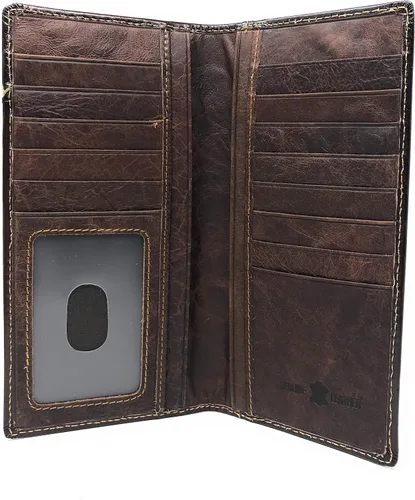 Vista 2 de Cuero genuino Basketweave Floral Tooled Rezando Vaquero Mens Long Bifold Wallet 2 colores, Café, Billetera plegable
