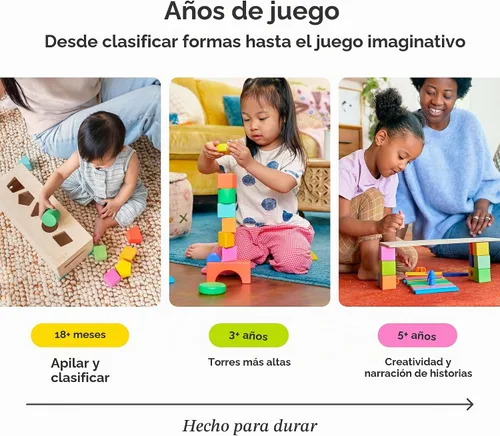 Vista 4 de LOVEVERY El Juego de Bloques Bloques de Construcción de Madera Maciza y Formas + Caja de Almacenamiento de Madera, 70 Piezas, 18 Colores, Más