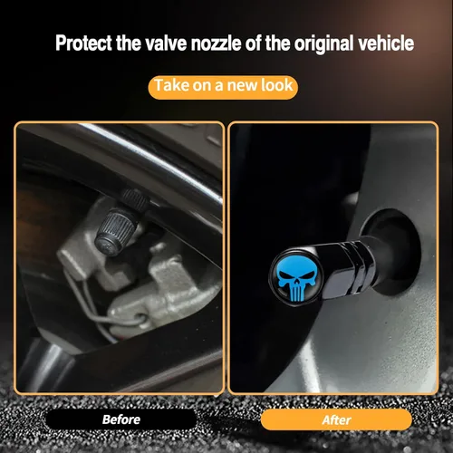 Vista 4 de 4 tapas de vástago de válvula de neumático de automóvil con forma de calavera, cubiertas universales de metal a prueba de polvo, tapas de aire