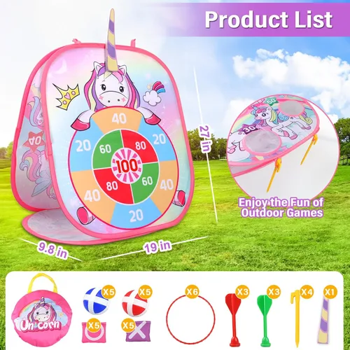 Vista 9 de YOTOY Juego de lanzamiento de bolsas de frijoles para niños, juguetes al aire libre de 3 a 8 años: juegos de fiesta de unicornio, actividades