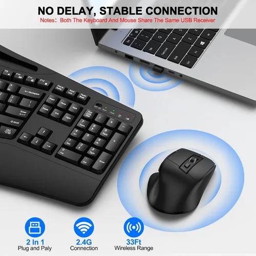 Vista 5 de Combo de teclado y mouse inalámbricos, teclas onduladas de tamaño completo 2.4G, teclado ergonómico con reposamuñecas, soporte para teléfono, mouse