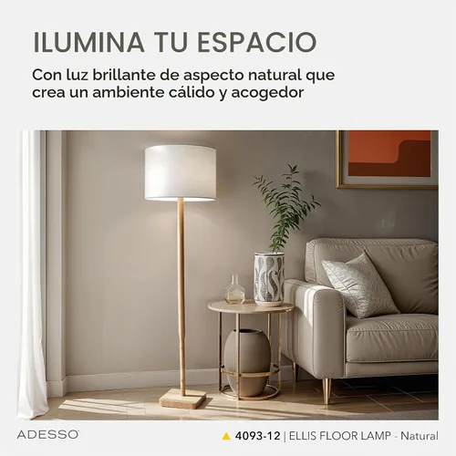 Vista 2 de Adesso Lámpara de pie con base de madera de caucho natural y pantalla de lino blanco, brillo ajustable de 3 vías, lámpara para dormitorio, sala