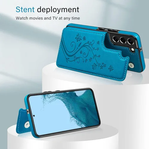 Vista 4 de Korecase - Funda tipo cartera para Samsung Galaxy S23 con tarjetero y tarjetero de piel sintética, diseño de mariposas y flores, color azul