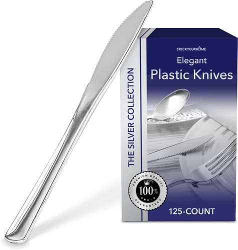 Vista 7 de Stock Your Home 125 cuchillos desechables de plástico resistente, cubiertos de plástico elegantes que parecen cubiertos reales, utensilios perfectos