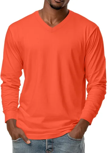 Vista 24 de Camiseta para hombre, manga larga, cuello en V, color liso, informal, básica, suave, elástica, M-3XL